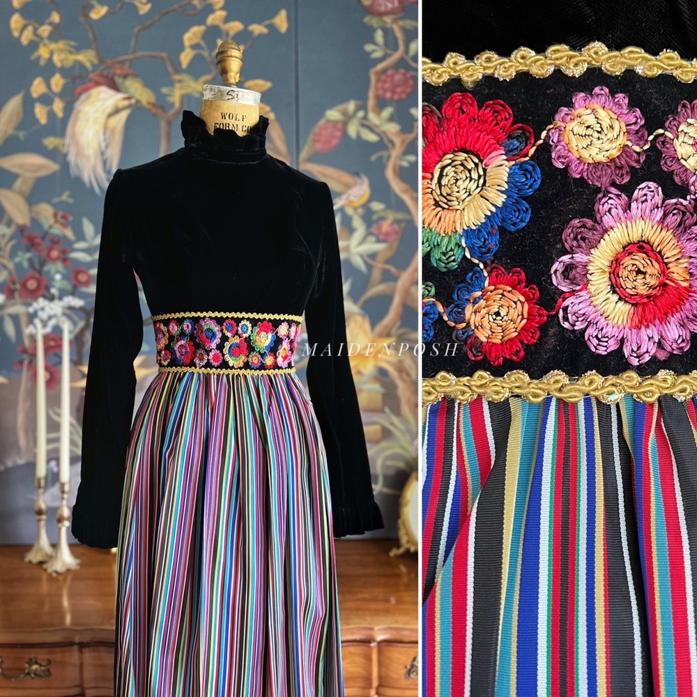 1960s 60s Vintage Velvet and Taffeta Maxi Dress